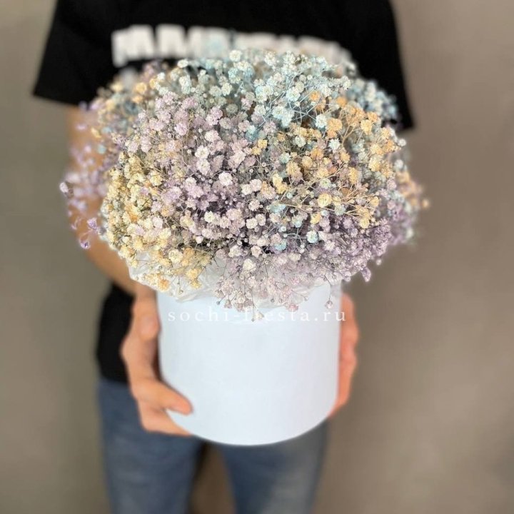 9 Радужных гипсофил в шляпной коробке в Липецке