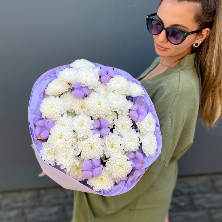  Букет  хризантем и хлопка в Липецке