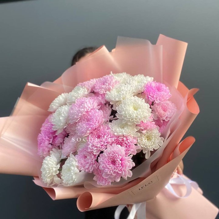 Букет бело-розовых хризантем  в Липецке