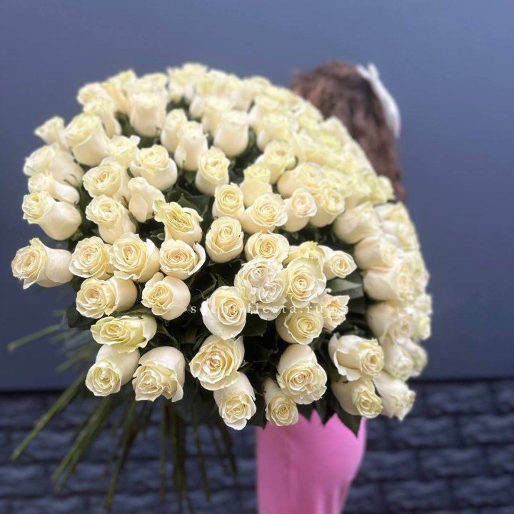 101 белая высокая импортная роза под ленту в Липецке